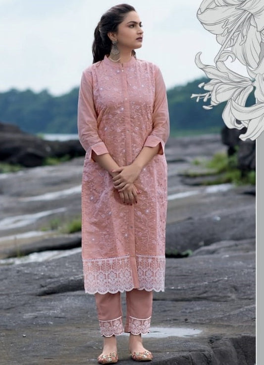 Peach Chanderi Cotton Kurta with lace work Pant