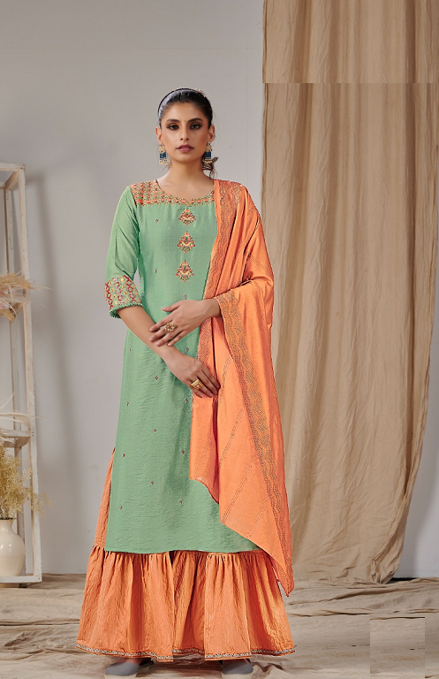 Green Fancy Wear Kurti with Orange Gharara and Dupatta