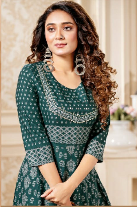 Green Rayon Foil Print Kurti