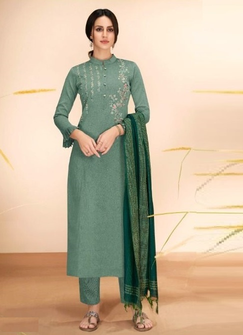 Green Cotton Embroidery Kurta with Bottom and Dupatta