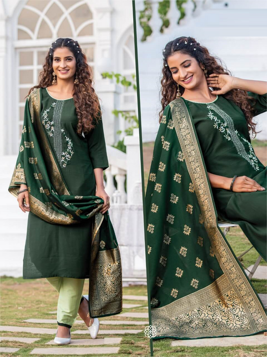 Green Rayon Sarkar Silk Kurta with Bottom and Dupatta