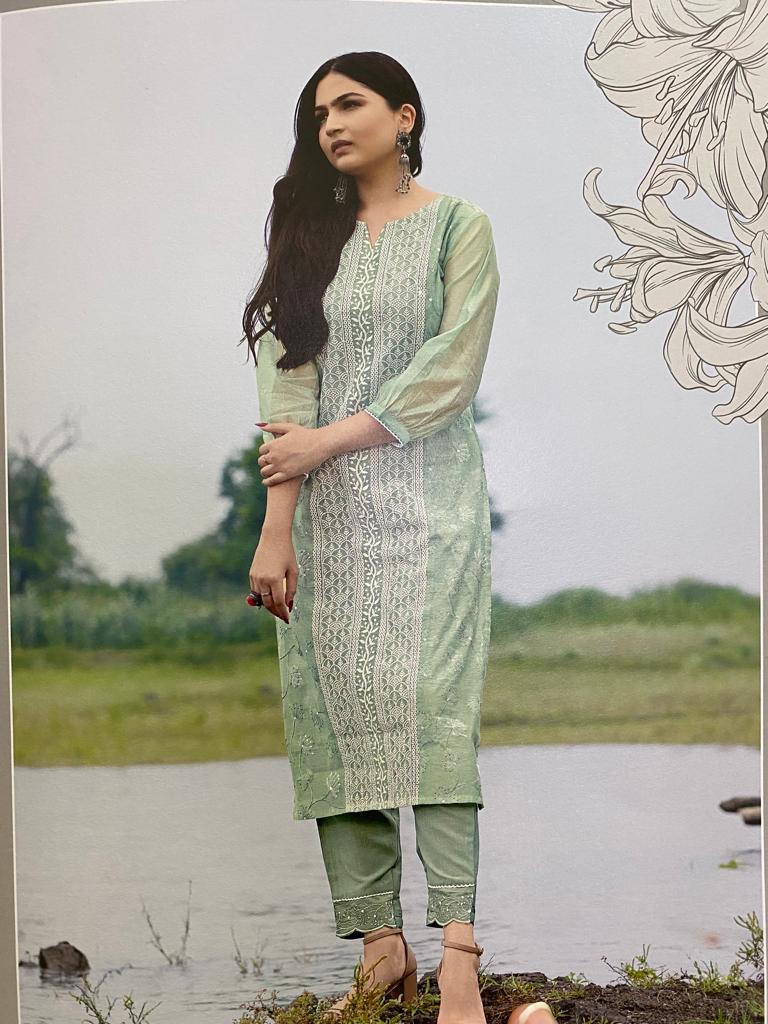 Green Chanderi Cotton Kurta with lace work Pant