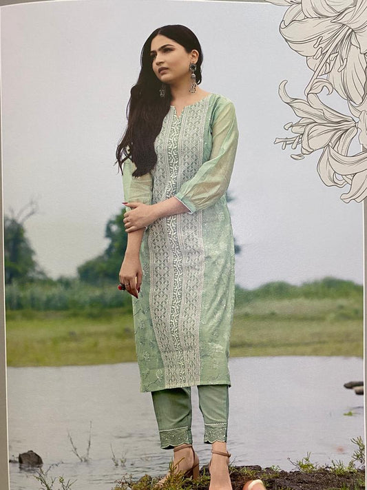 Green Chanderi Cotton Kurta with lace work Pant