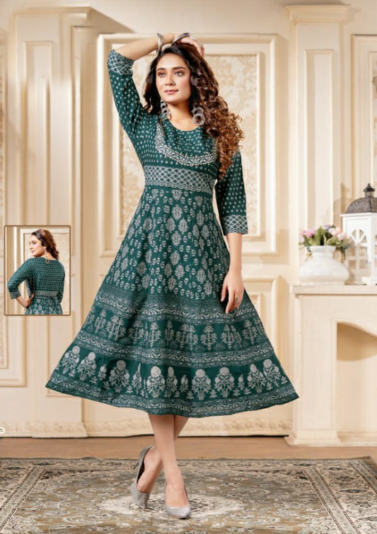 Green Rayon Foil Print Kurti