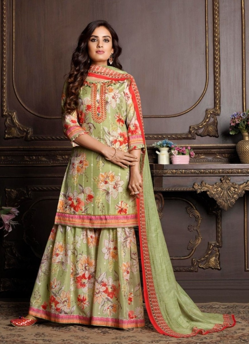 Green floral print Muslin Kurta with Gharara and Dupatta