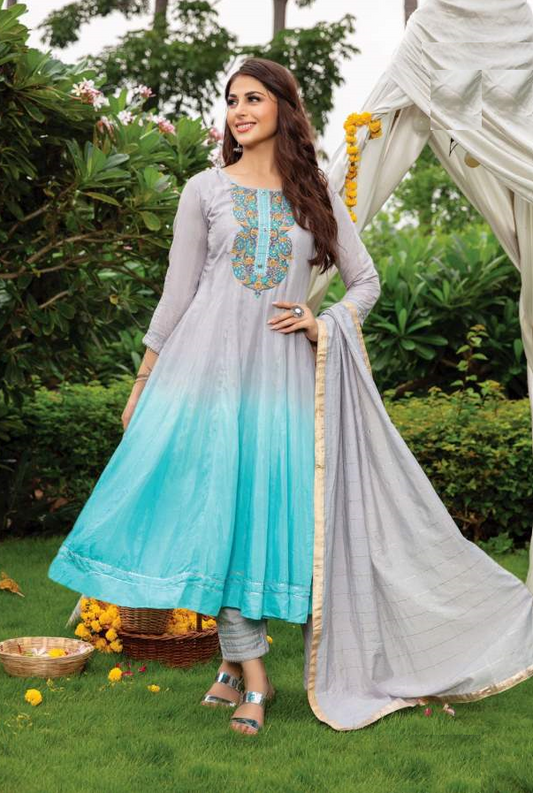 Grey Blue Shaded Muslin Kurta with Bottom and Dupatta