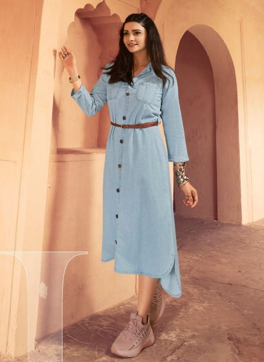 Denim High Low Belted Kurti