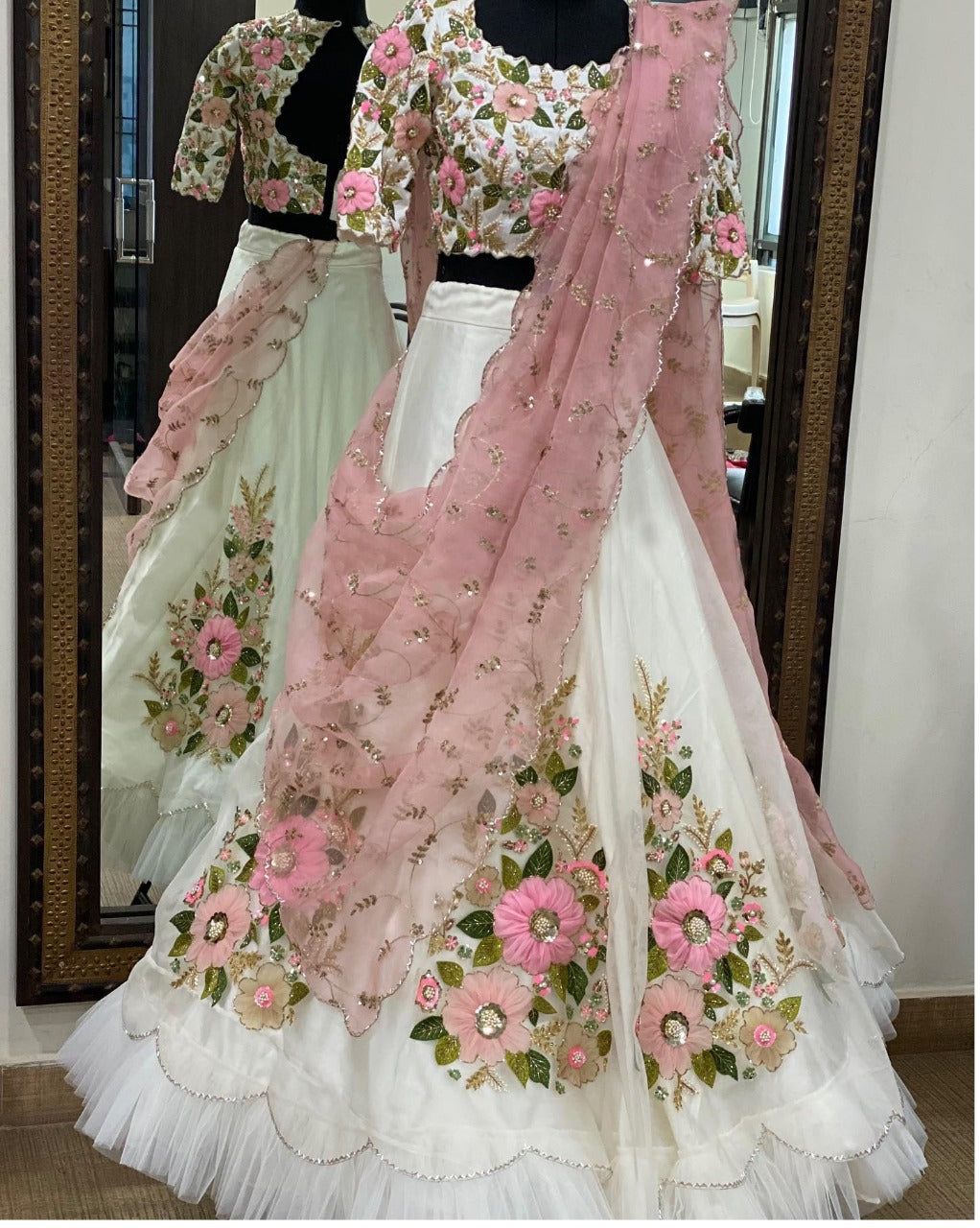 White Embroidery Tapeta Silk Lehenga