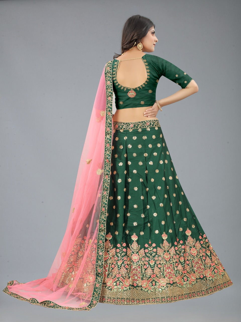 Green and Pink Satin Silk Lehenga