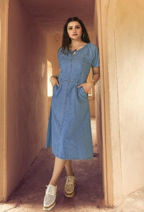 Denim Elastic Waist Short Sleeve Kurti