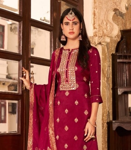 Maroon Jacquard Silk Kurta with Sharara and Dupatta