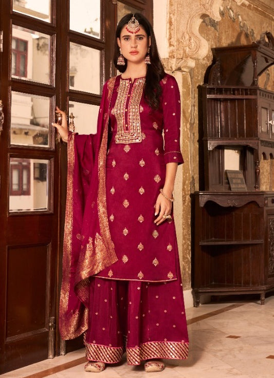 Maroon Jacquard Silk Kurta with Sharara and Dupatta