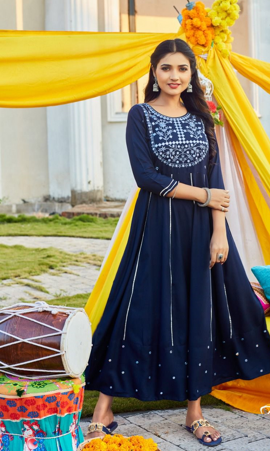 Navy Blue Rayon Anarkali Kurti