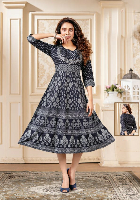 Midnight Blue Rayon Foil Print Kurti