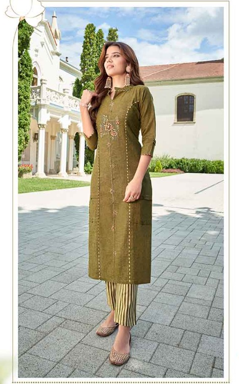 Olive Green Premium Cotton Kurta with Striped Pant