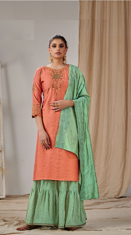 Orange Fancy Wear Kurti with Green Gharara and Dupatta