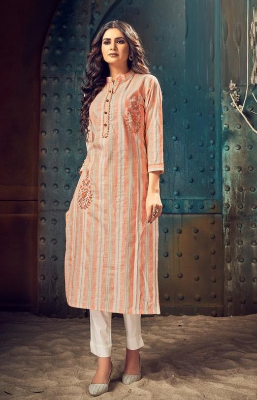 Orange Striped Cotton Kurti