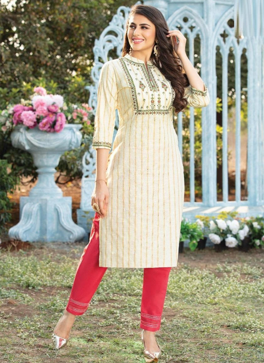 Ivory Viscose Cotton Kurta with Pink Pant