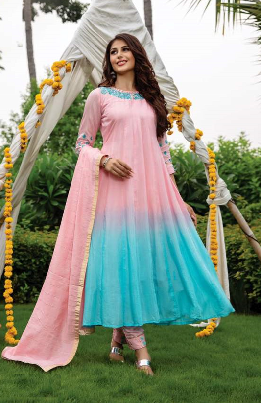 Pink Blue Shaded Muslin Kurta with Bottom and Dupatta