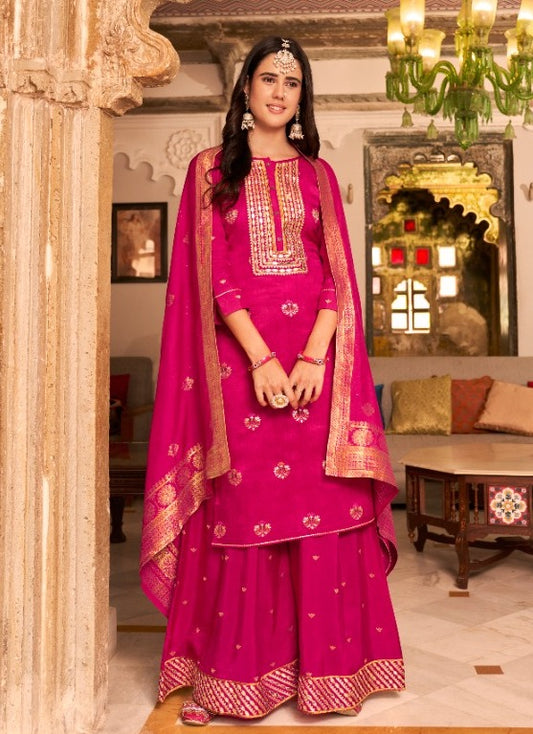 Pink Jacquard Silk Kurta with Sharara and Dupatta