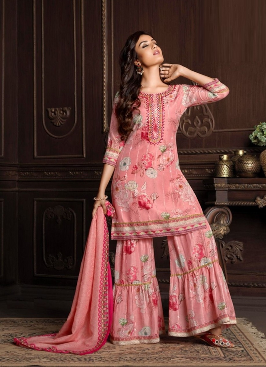 Pink floral print Muslin Kurta with Gharara and Dupatta