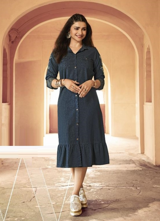 Denim Indigo Blue Pleated End Kurti