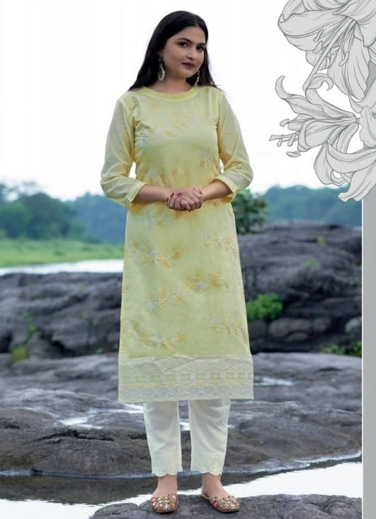 Yellow Chanderi Cotton Kurta with lace work Pant