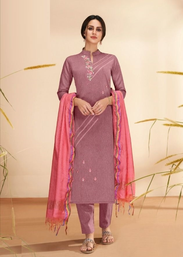 Purple Cotton Embroidery Kurta with Bottom and Dupatta