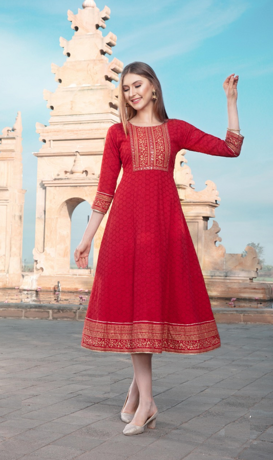 Red Schiffli Cotton Kurti