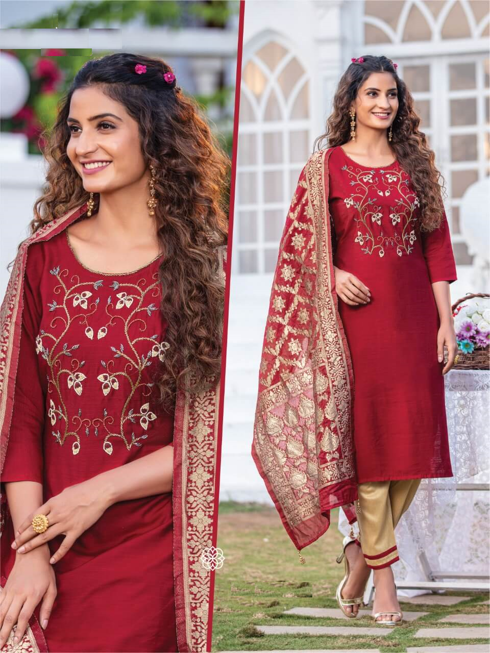 Red Rayon Sarkar Silk Kurta with Bottom and Dupatta