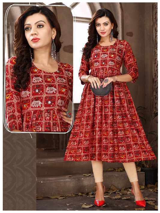 Red Capsule Foil Print Kurti