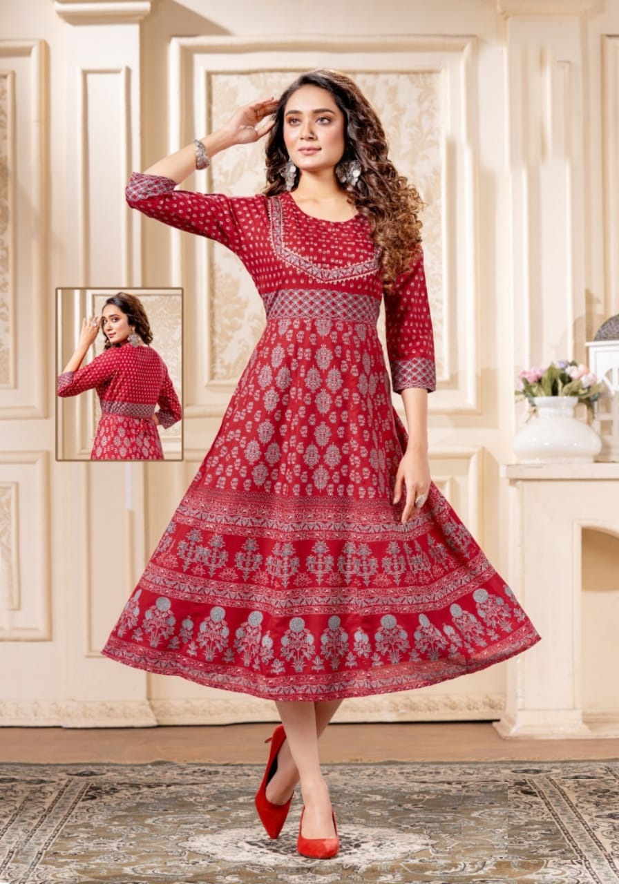 Red Rayon Foil Print Kurti