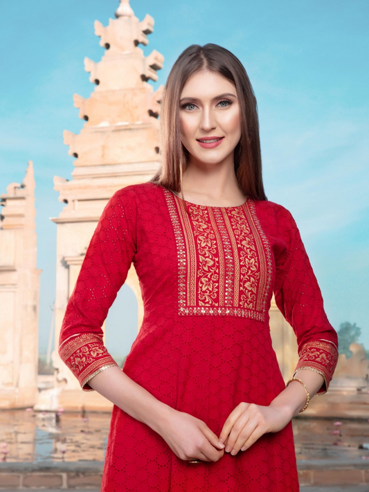 Red Schiffli Cotton Kurti