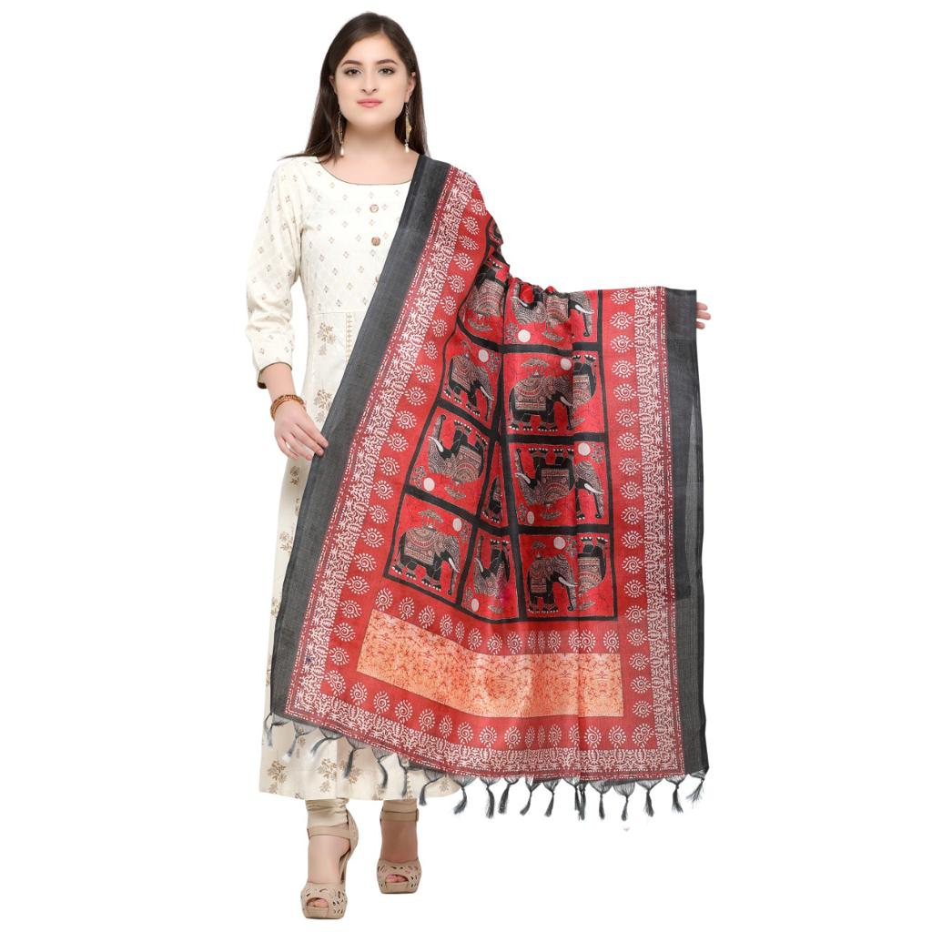 Red and Black Dupatta with Elephants