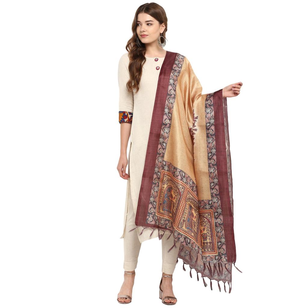 Beige and Brown Dupatta with a Tree and Birds