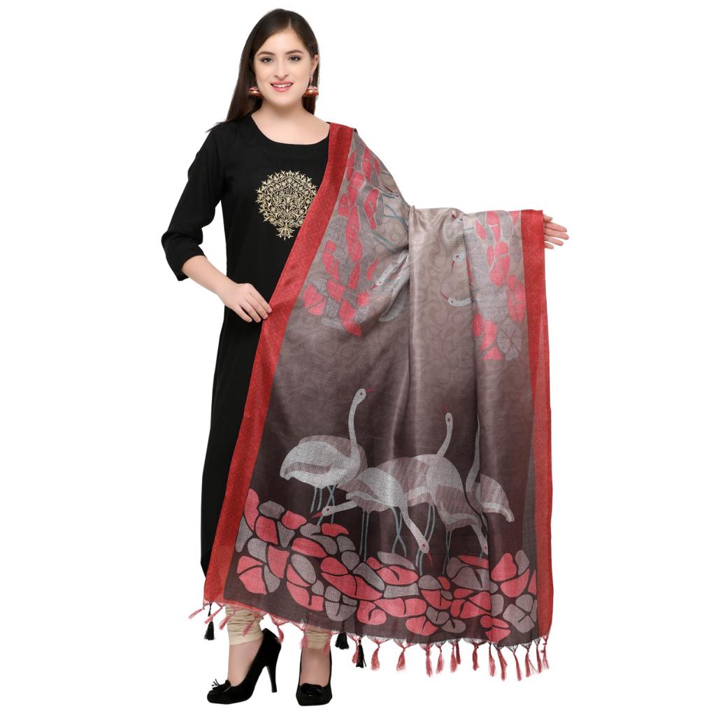 Grey and Pink Dupatta with Birds