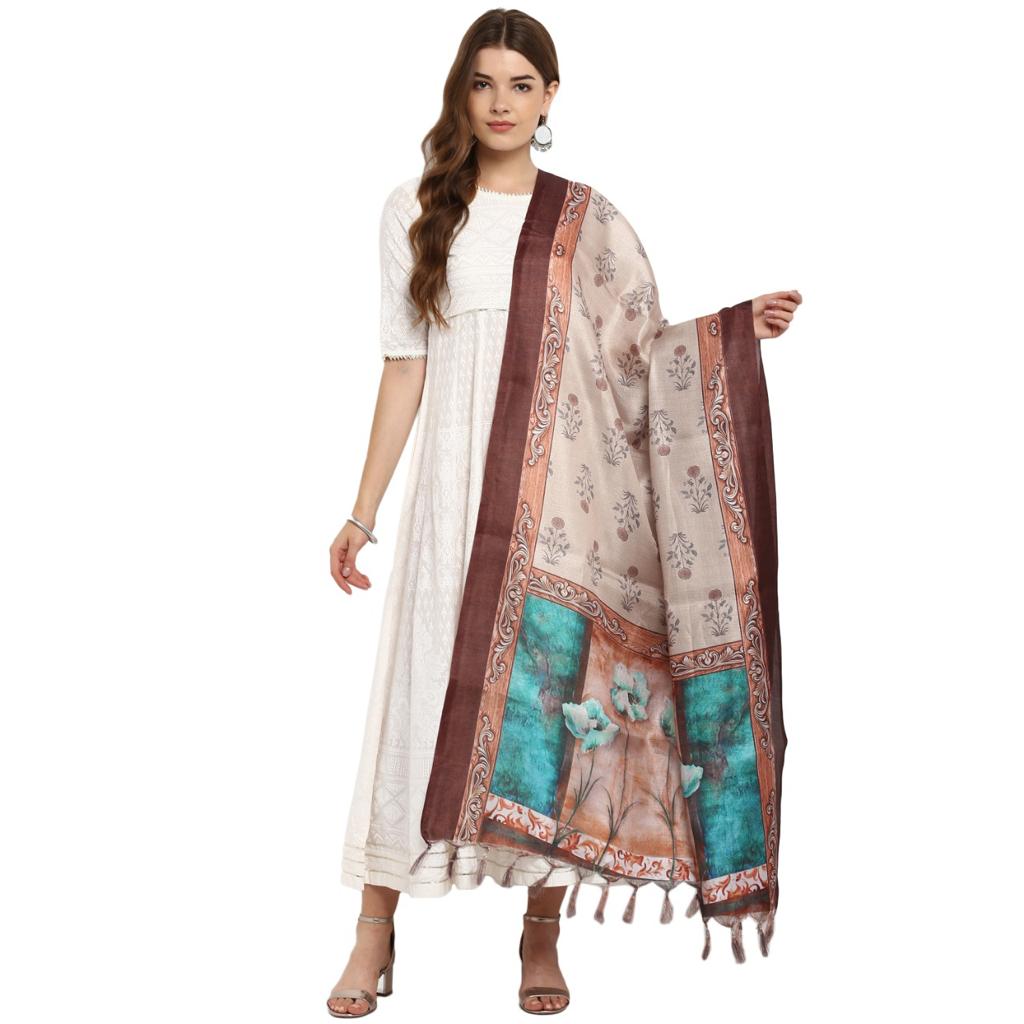 Peach and Brown Dupatta with Flowers