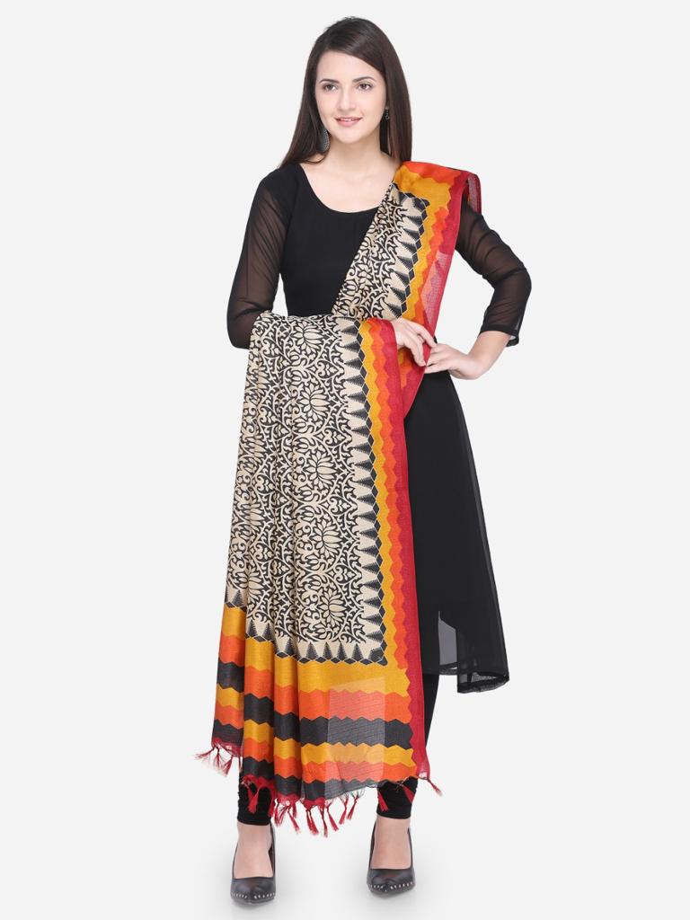 Orange and Black Dupatta with Floral Pattern