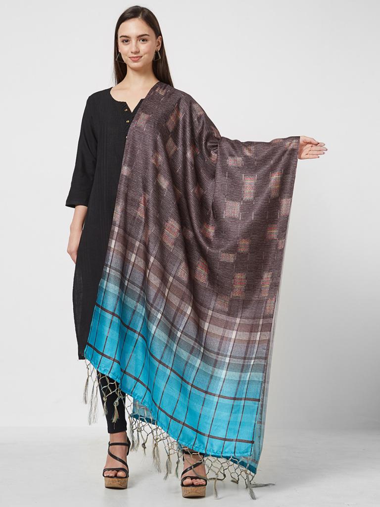 Brown and Blue Dupatta with Checked Pattern