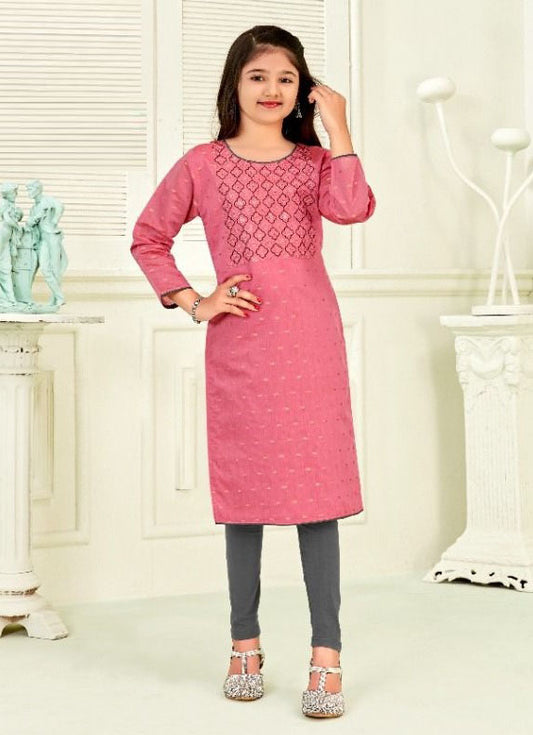 Girls - Pink Chanderi Silk Straight Kurti