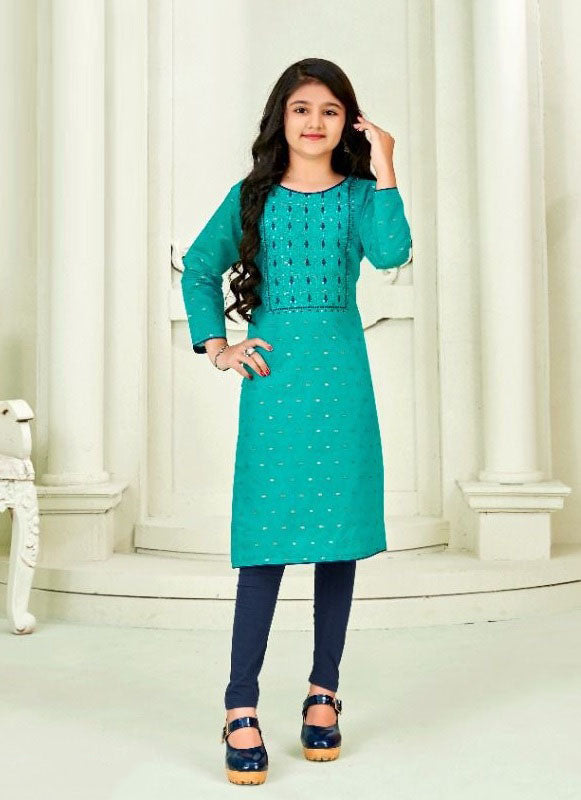 Girls - Turquoise Chanderi Silk Straight Kurti