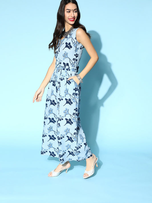 Blue Printed Cotton Jump Suit