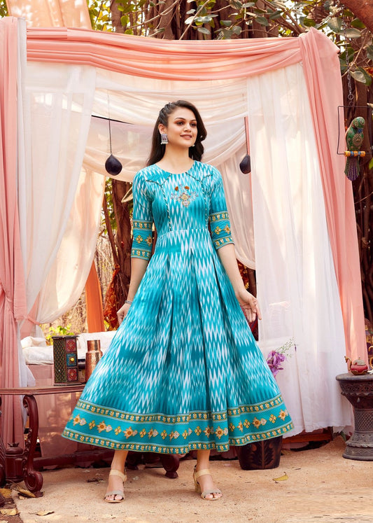 Blue Rayon Zigzag Print with Embroidery Kurti