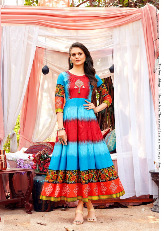 Blue and Red Rayon Zigzag Print Kurti