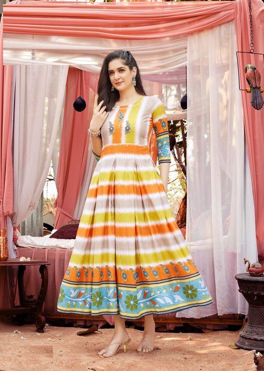 Orange and Yellow Rayon Zigzag Print Kurti