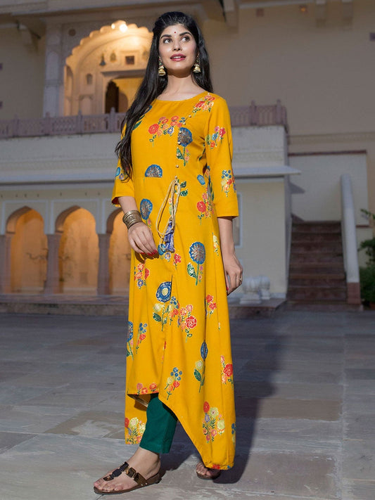 Yellow A-Line Asymmetric Printed Kurti