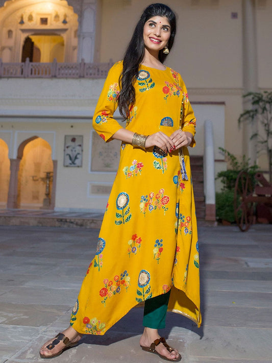 Yellow A-Line Asymmetric Printed Kurti