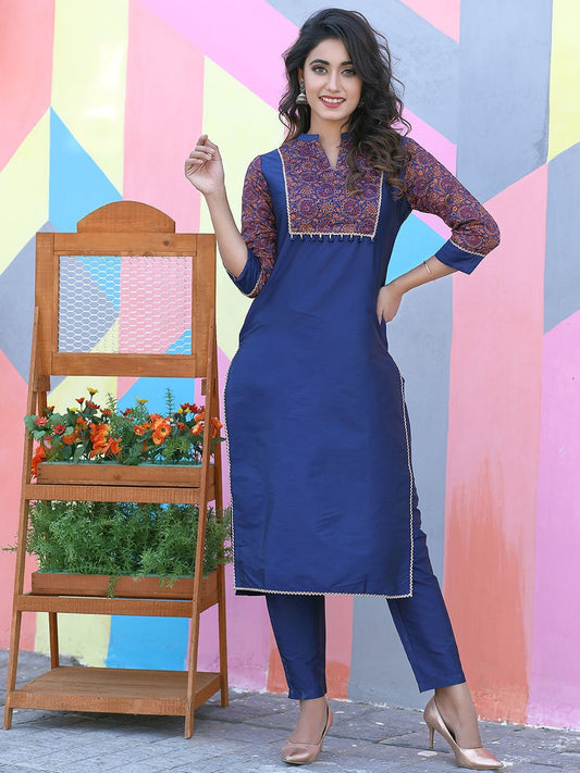 Navy Blue Silk Kurti with Pant