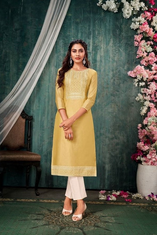 Yellow Modal Silk Straight Kurti