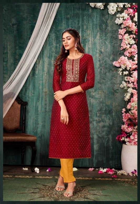 Red Modal Silk Straight Kurti